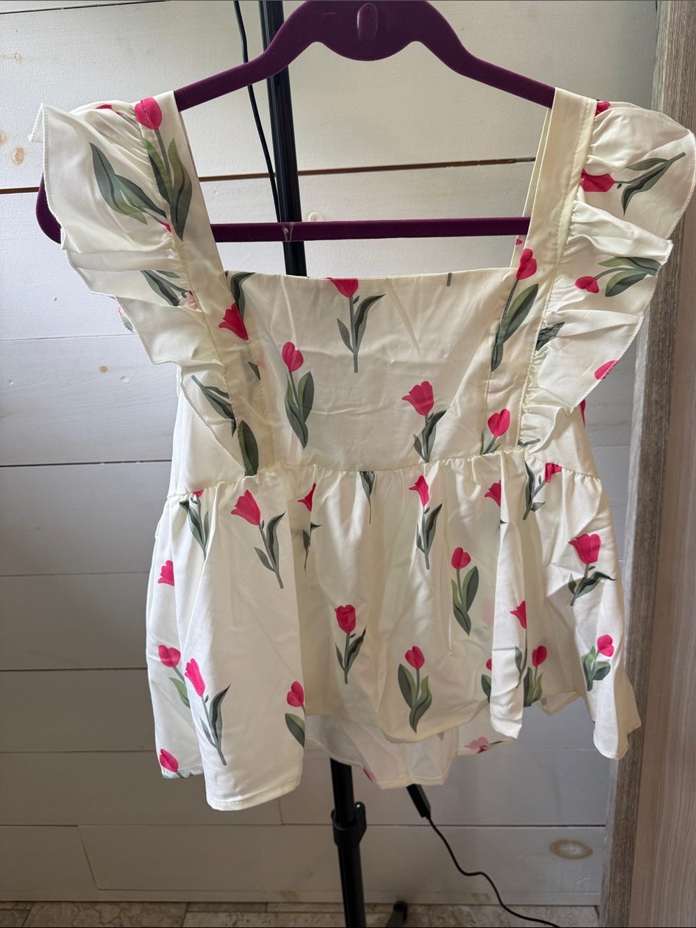 Floral Tulip Ruffle-Sleeve Peplum Blouse - White/Pink - Picture 5 of 6